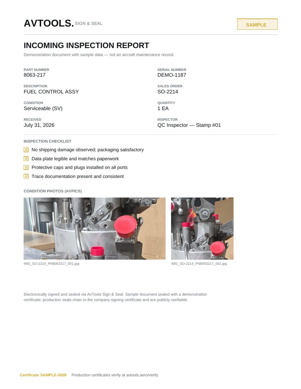 Sample sealed inspection report: part details, checklist, condition photos, and the certificate line