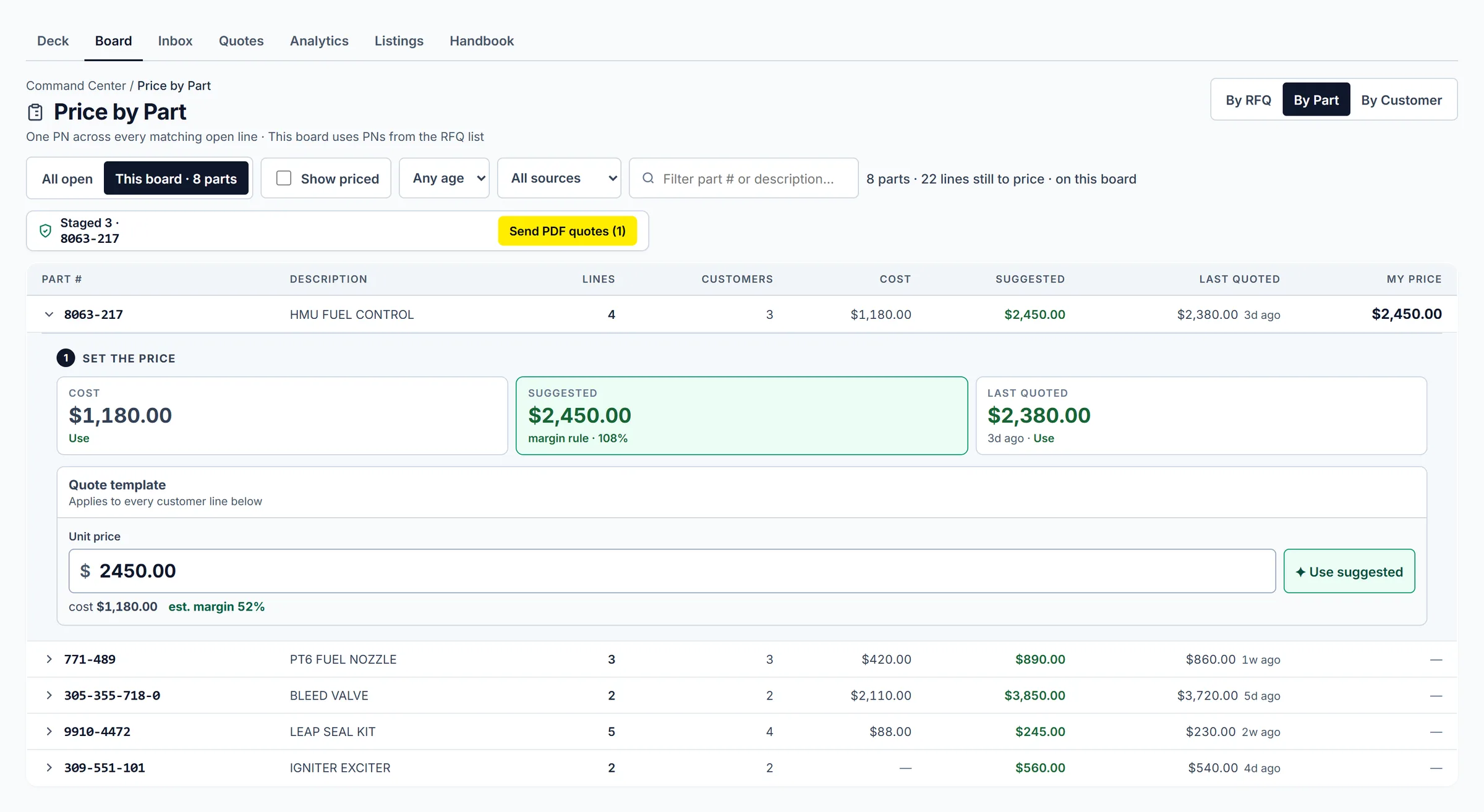 QuoteDeck Price by Part: an open HMU fuel control with cost, suggested price, last quoted, and a quote template ready to apply
